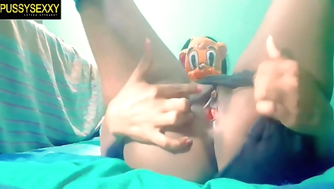 Horny brunette in stockings seduces a guy in webcam video