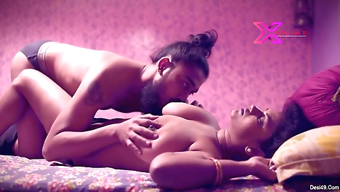 Busty brunette babe with big boobs gives a blowjob