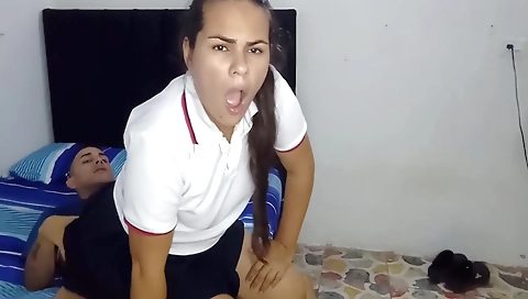 Amateur brunette getting her stepfather to watch a movie