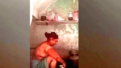 Indian brunette girl in a lingerie gets wet body cleaned up