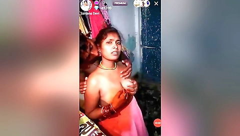 Busty brunette is dancing with her partner on webcam