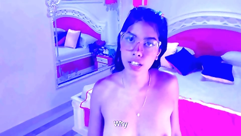 Brunette girl in her stepsister's bedroom makes love