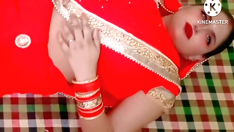 Indian brunette girl in red dress and black stockings