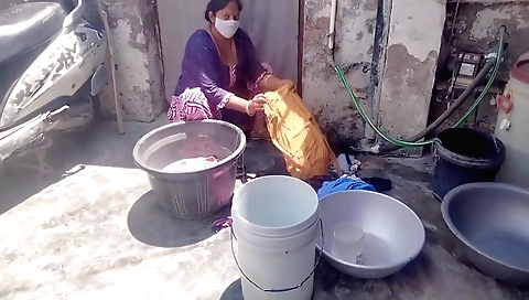 Brunette babe gets her ass fucked while washing her clothes