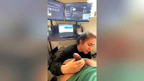 Indian blonde babe does a huge blowjob and handjob on camera