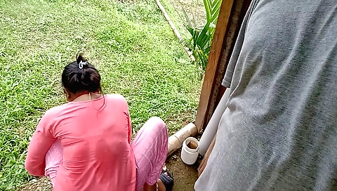 Outdoor amateur video in which a brunette wears stockings