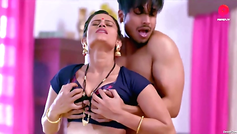 Milf brunette fucked hard by a young guy in a horny threesome