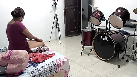 Sexy girl slick skin covered with cream to herself