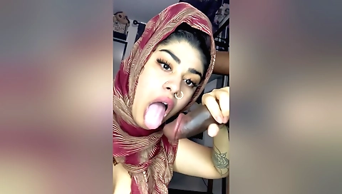 Brunette with shaved pussy and thick cock is getting facial