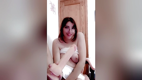 horny brunette stepsister is on top of your dick in front